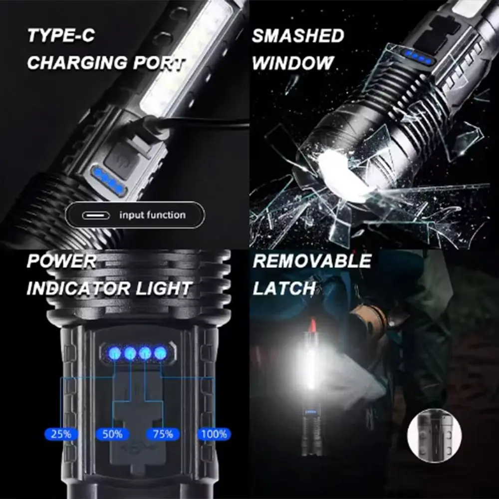 Super Bright Strong LED Flashlight Zoomable Rechargeable Handheld Torch Durable Multifunctional Work Flashlight Emergency