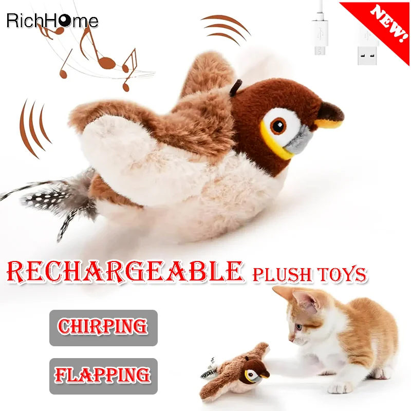 Interactive Electric Toys for Cat, Rechargeable Chirping Flapping Bird(no Flying) with Catnip, Touch Activated Plush Toys