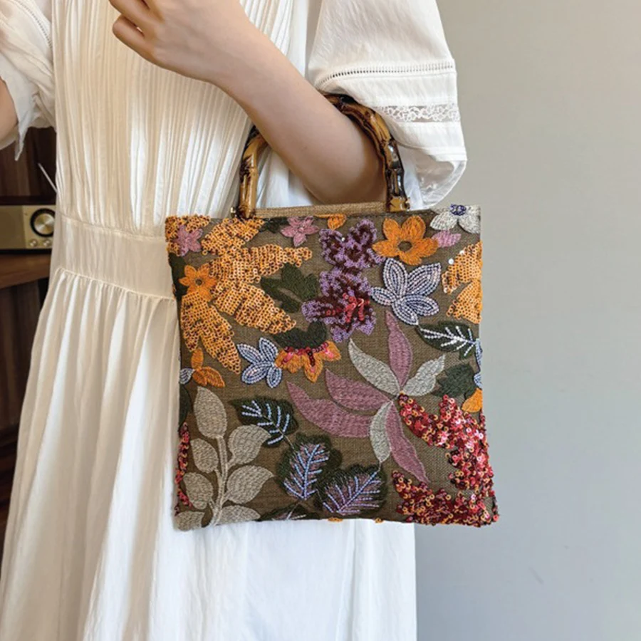 Fashion Sequins Embroidery Large Tote Bags Bamboo Handle Women Handbags Flower Summer Beach Top-Handle Bag Shopper Purse Сумка