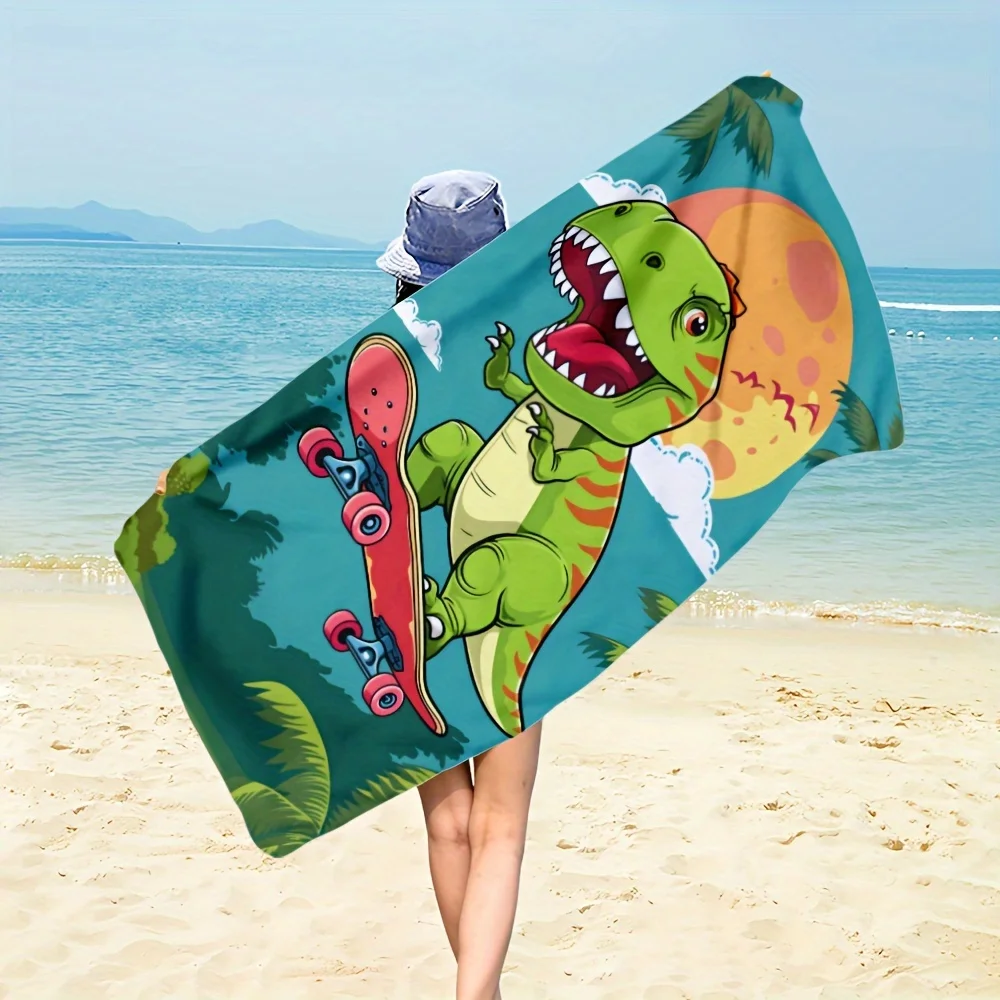 Cute Cartoon Dinosaur Beach Towel Oversized Lightweight Quick-Dry Super Absorbent Vibrant Surfing Dinosaur Tropical Design