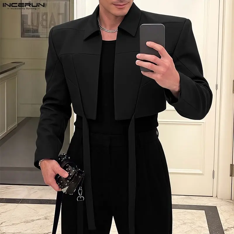 INCERUN Men's Crop Coats Solid Color Lapel Long Sleeve Open Stitch Jackets For Man Streetwear Fashion Casual Male Outerwear 2026