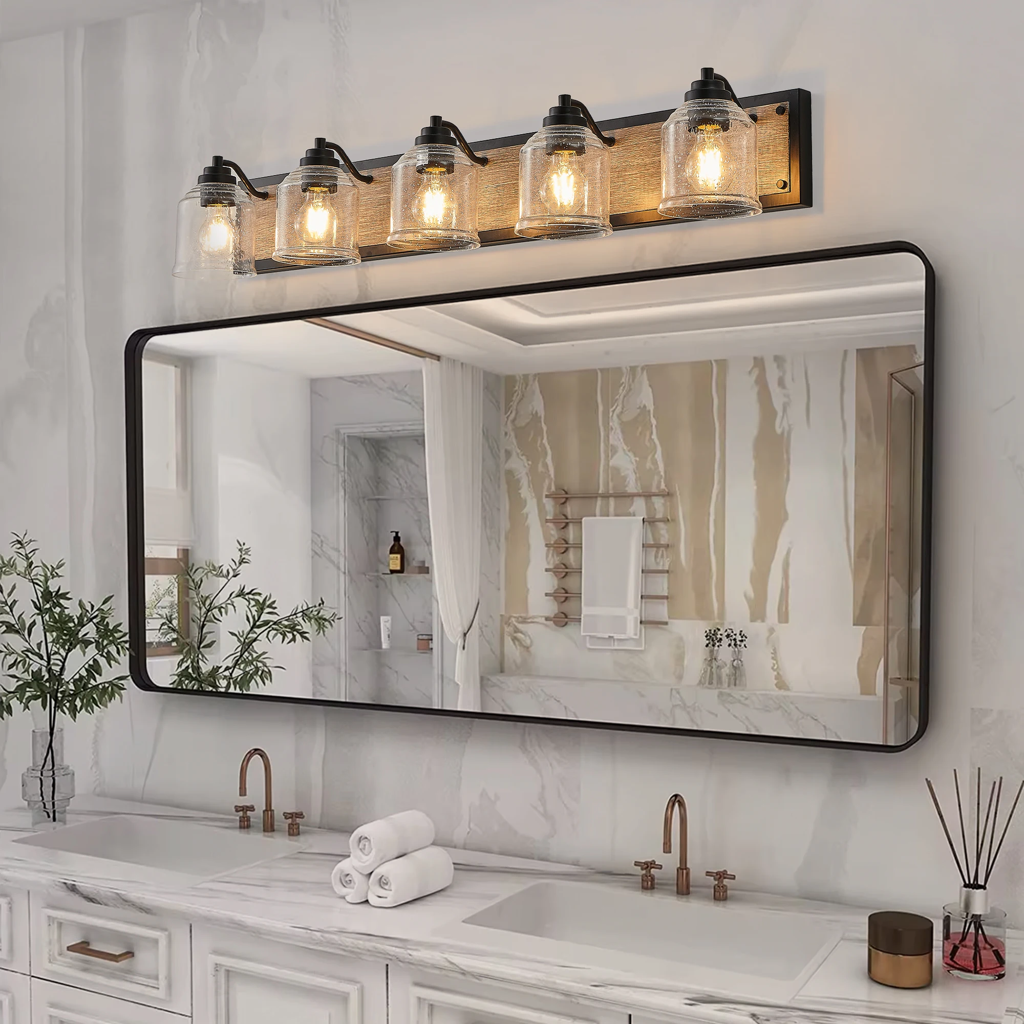 Modern 5-Light Vanity Light Bracket Light Wall Source Black Finish with Clear Seeded Glass Shade for Bathroom Powder Room Mirror