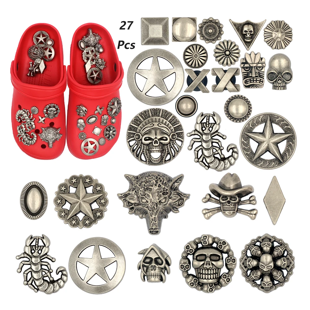 27 Pcs Various Silvery Metal Slipper Snap-in Buttons 지비츠 버튼 크록스 참 Shoes Charms Decorations Children Man Woman DIY Adornos Gift