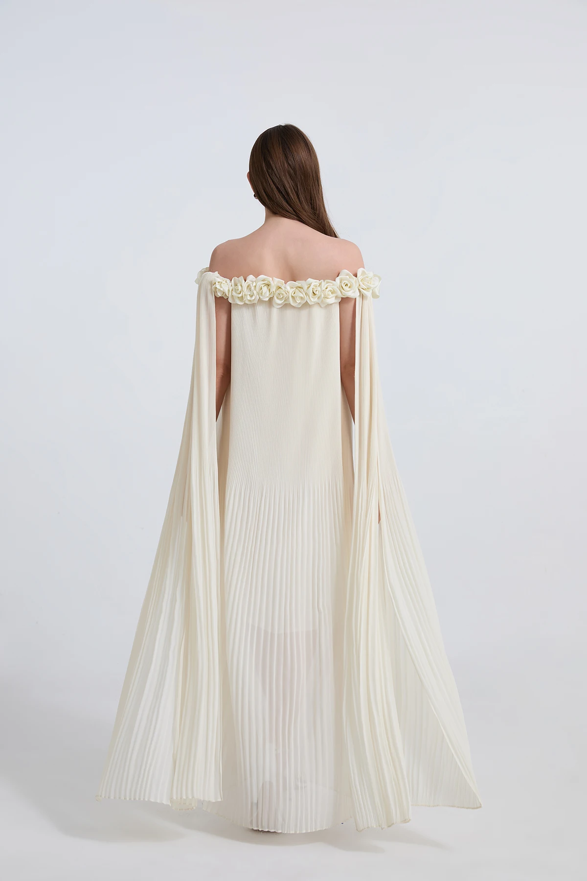 3D ดอกไม้ Splicing จีบชุดฤดูใบไม้ผลิผู้หญิงแขนกุด Slash คอปิดชุดไหล่ฤดูร้อนเอวสูงชุดลูกวัวกลาง