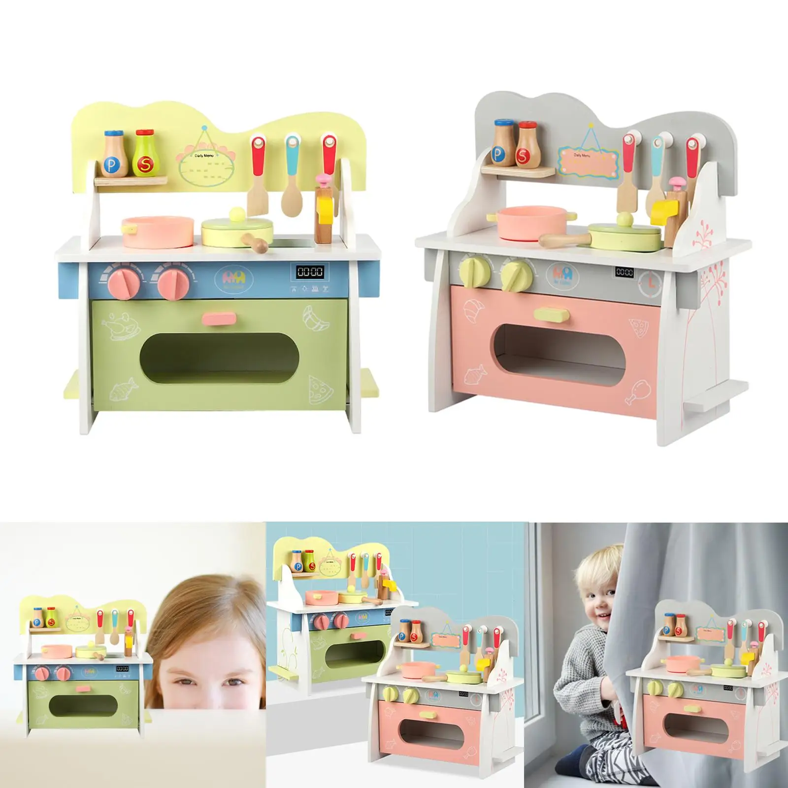 Wooden Play Kitchen with Turning Knobs, Phone, Gift for Kids Boys and Girls Ages 3+