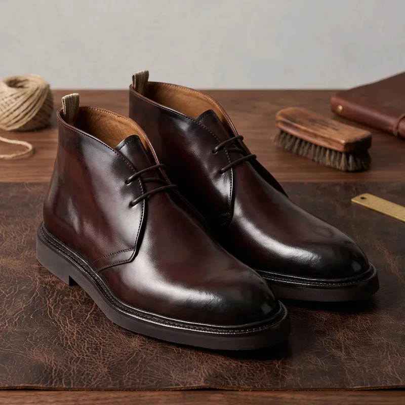 Retro Mens Ankle Chelsea Boots Luxury Quality Comfortable Handmade British Style Genuine Leather Pointed Toe Laces Up Shoes Man