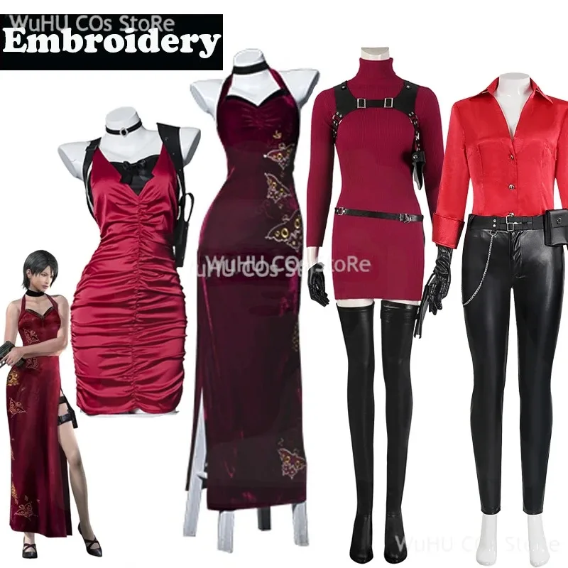 Женский костюм для косплея Resident 4, Ада Вонг, злой Cheongsam, платье с вышивкой, красный парик Ада, карнавальный маскировочный костюм на Хэллоуин, женский костюм