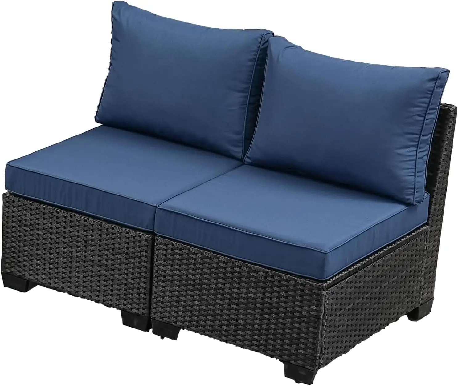 Wicker Armless Sofa 2 Pack, Patio Rattan Sectional with Thick Seat & Back Cushions for Garden, Backyard, Poolside, Customized