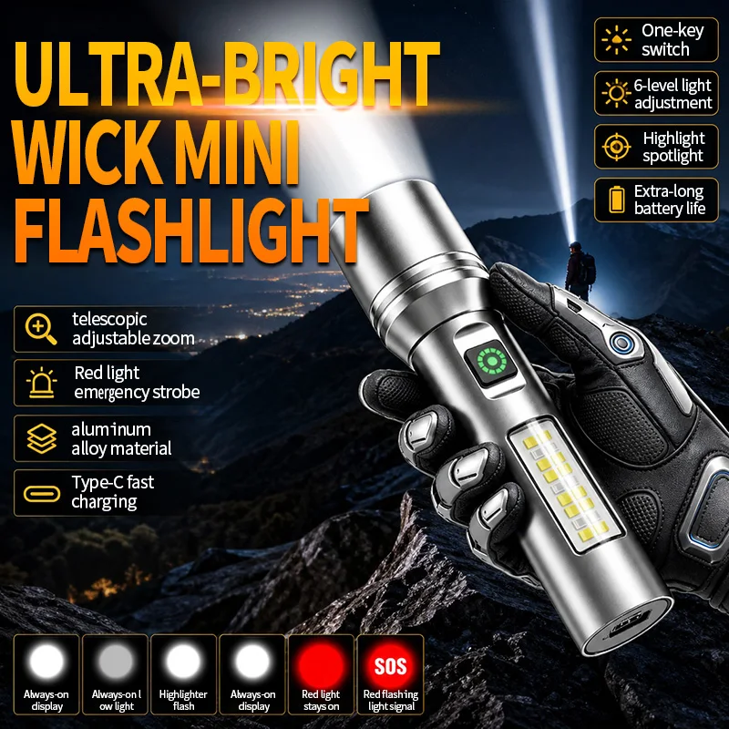 Portable Multifunction Flashlight Telescopic Zoom Torch Multi‑Level Brightness Adjustment With Side Lamp Waterproof Hand Torch F