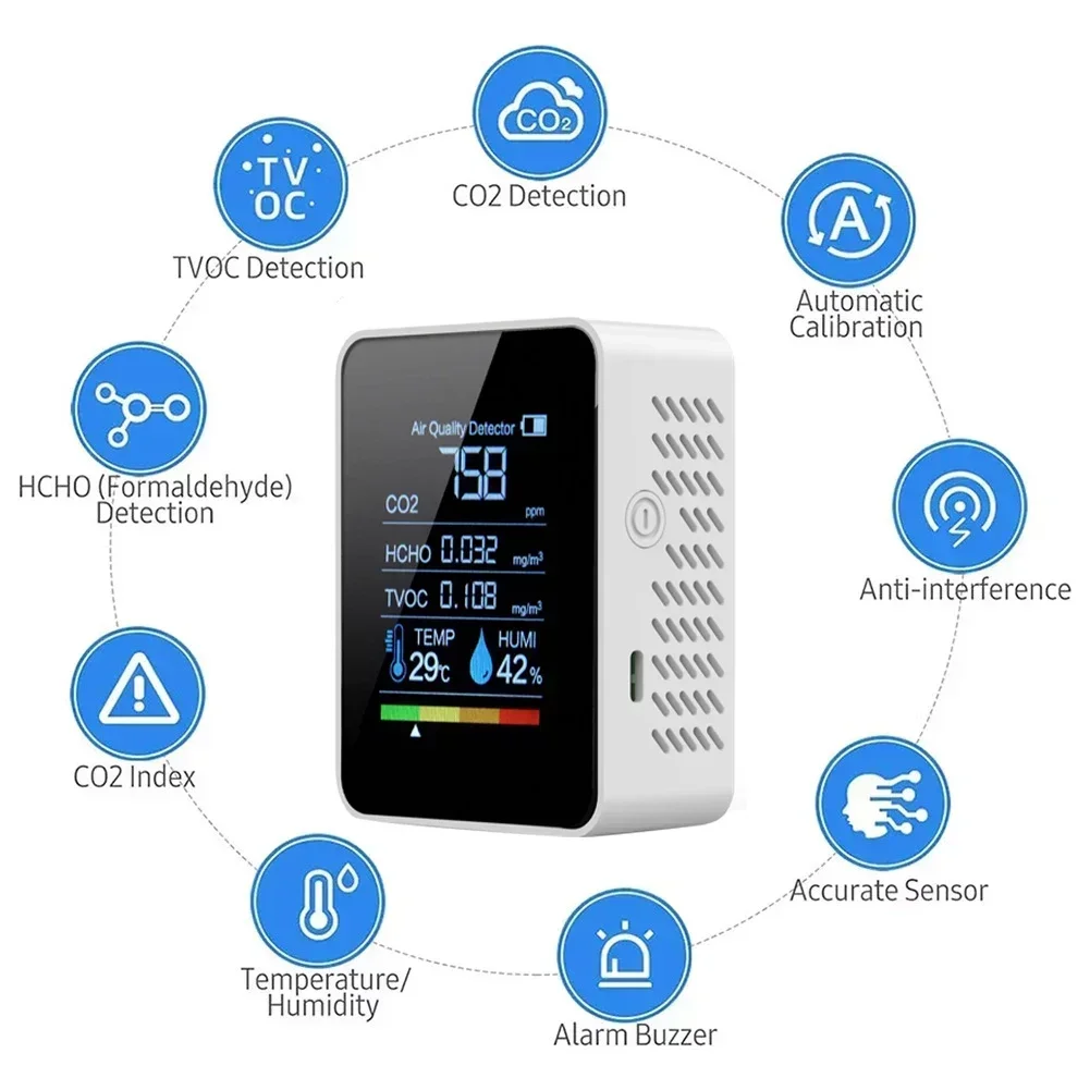 Imagem -04 - Monitor de Qualidade do ar em Detector Interno Formaldeído Hcho Tvoc Testador Lcd Temperatura Umidade Testador Medidor Alarme 1pc