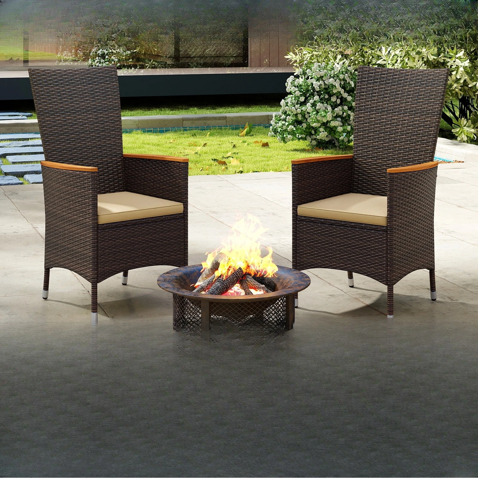 

Patio Rattan Chairs 2 PCS w/High Backrest & Acacia Wood Armrests Cushion Mix