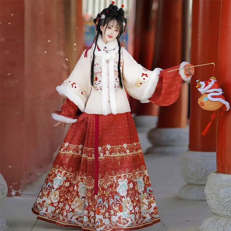 

Original Ming-style New Year Greeting Hanfu for Women with Embroidered Armrests and Horse Face Skirts Winter Style Individuality