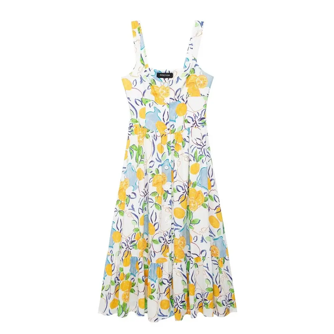 

Women's new Chic Fashion casual single breasted floral print MIDI dress retro sleeveless Wide Straps women's dress Mujer