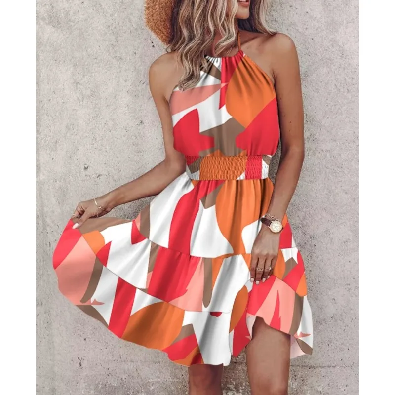 

Women's Fashion Bohemia Printing Dresses Elegant Sexy Off Shoulder Hanging Neck Off Back Beach Vacation Slim Vestido Summer 2024