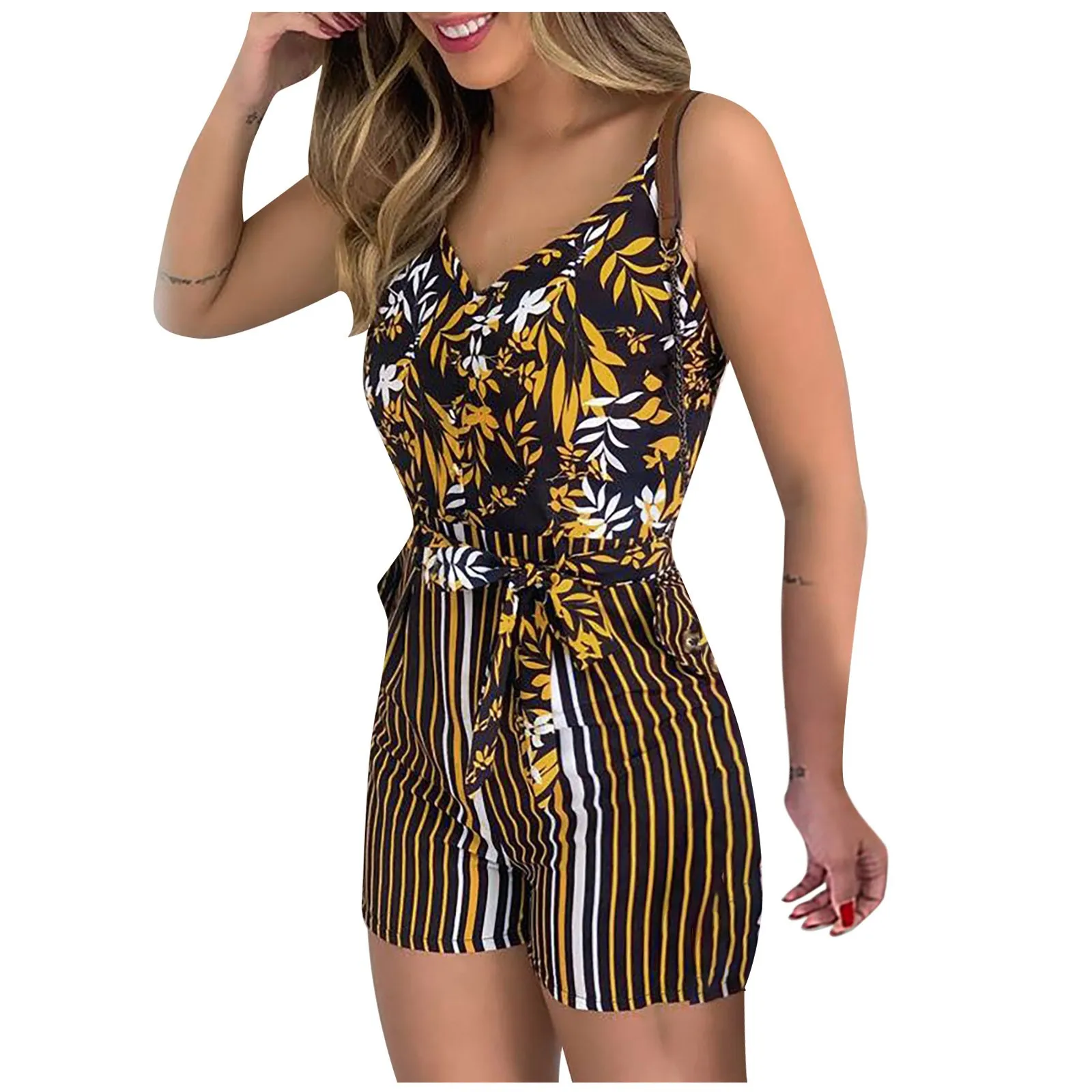 

Women Suspender Shorts Jumpsuits Summer Casual V-Neck Print Slim Fit Sleeveless Camisole Splicing Stripe Shorts Jumpsuits