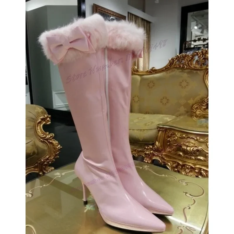 

Pink Fur Bow Knot Decor Knee High Boots Pointed Toe Shoes for Women Side Zipper Thin High Heels Shoes 2023 Zapatos Para Mujere