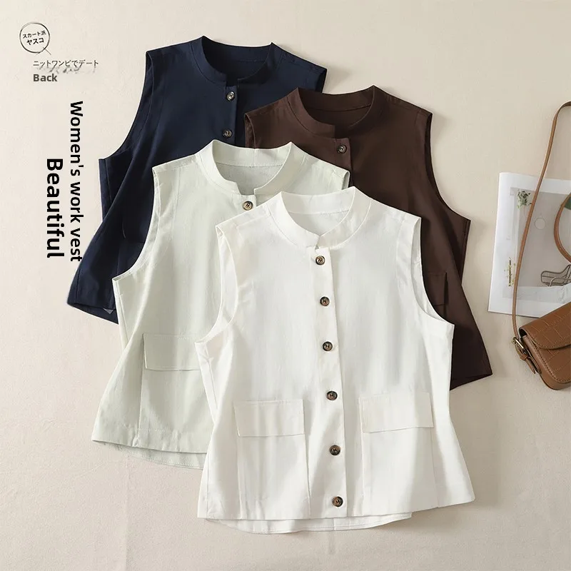

Casual Style Short Loose Women's Vest New Stand Collar Double Pocket Versatile Cotton Blend Outerwear Fashionable Workwear