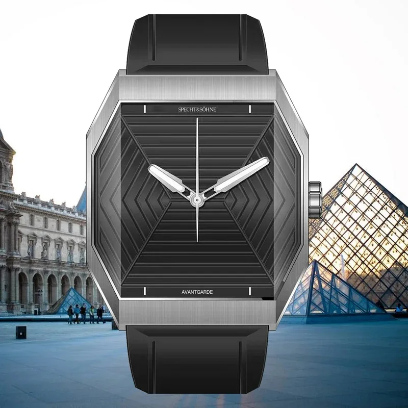 Specht & Sons Luxury Square Watch for Men Sports Quartz Watches Octagon Steel 3D Sapphire Crystal Rubber Strap Waterproof