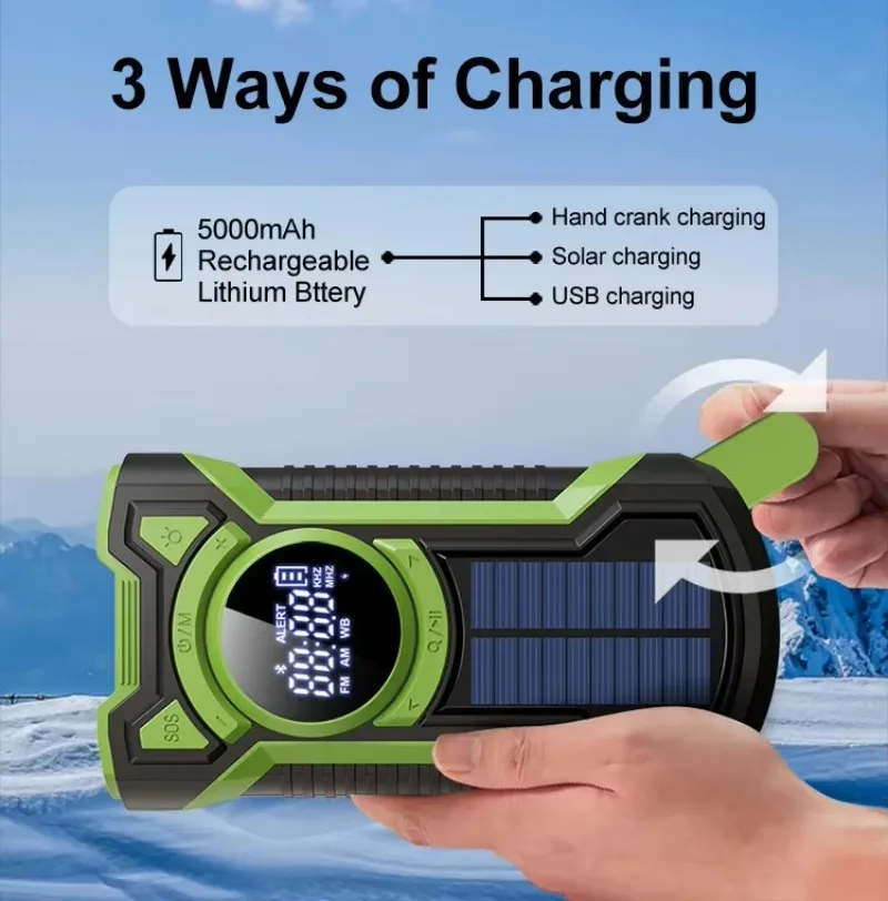 Emergency Hand Crank FM AM Radio Built-in Bluetooth Speaker Outdoor Waterproof Support Solar Cahrging SOS Alert LED Flashlight