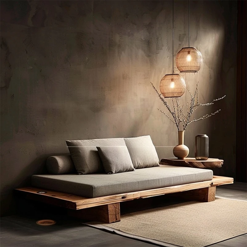 Simple small apartment living room removable and washable wood three-person sofa log homestay leisure office light luxury style