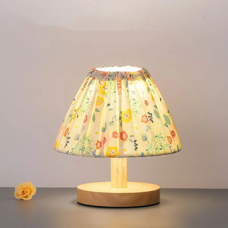 Pastoral Style Cloth Cover Solid Wood Small Table Lamp Retro Bedside Lamp Bedroom Girl Warm Night Light Decorative Lamp Nordic