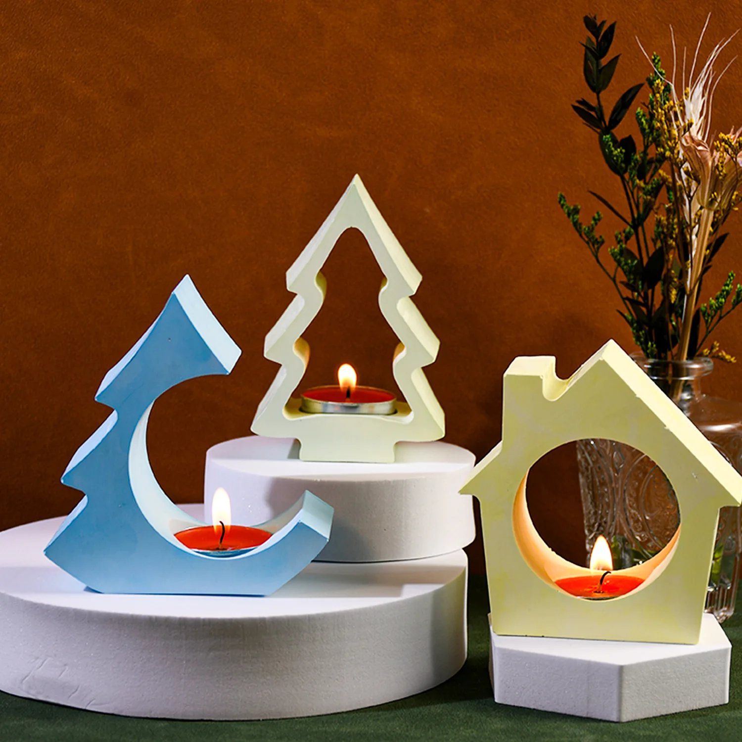 Hollow Christmas Chimney House Tealight Silicone Mold Tree House Candlestick Plaster Drop Glue Mold Christmas Decoration Gift