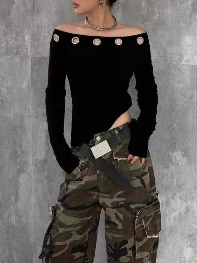 

Off Shoulder Vintage Long Sleeve Slim T-shirt Women High Street Style Sexy Slim Fit Basic Tops 2025 Autumn Harajuku Chic Outfits