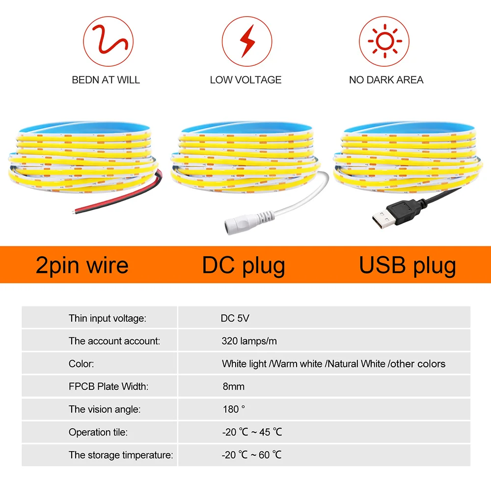 USB LED COB 스트립 라이트, 흰색, 따뜻한, 자연, 파란색, 빨간색, 핑크, 녹색, 2 핀 DC 플러그, 320LED 유연한 테이프, 밝은 선형 조명, 5V