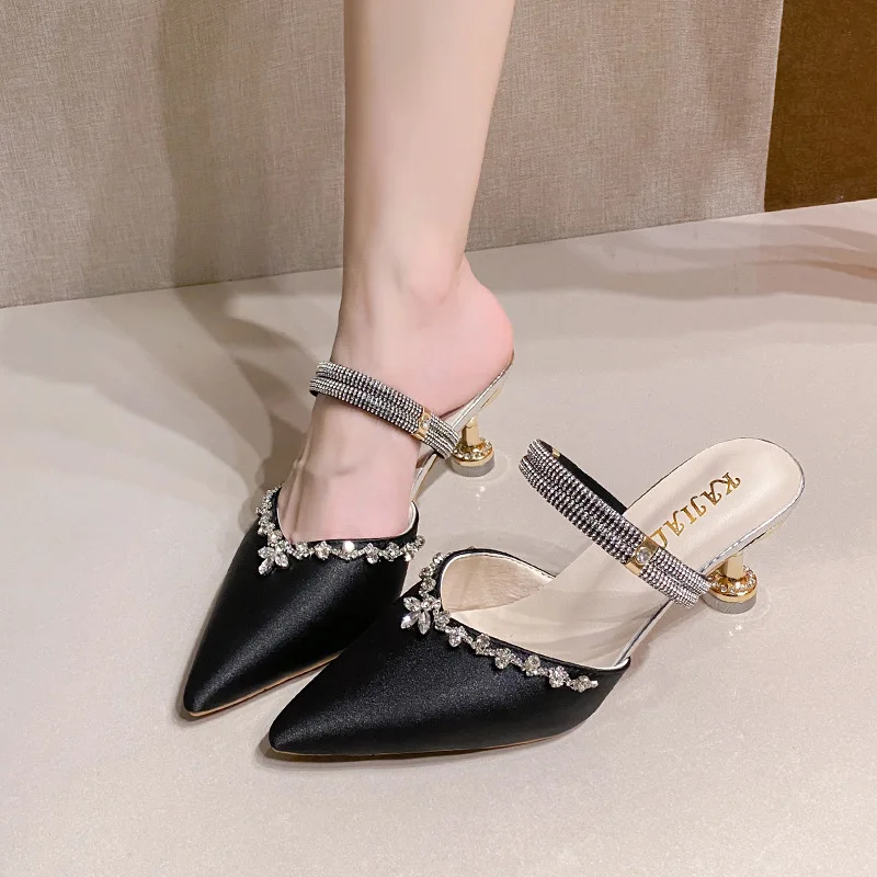 

2025 Spring and Autumn New Fashion Women Baotou Sandals High Heels Sandals Women's Pointed Toe Stiletto Rhinestone Single Shoes