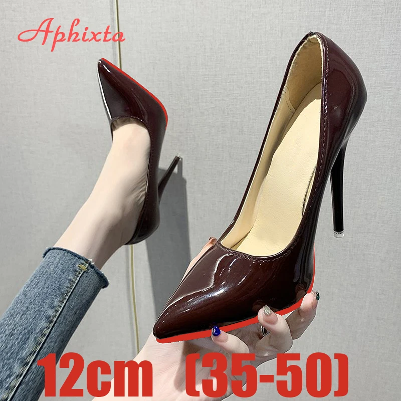 Aphixta 12cm Super High Thin Heels Pumps Women Shoes Pointed Toe Patent Leather Wedding Dress Office Femme Super Big Size 49 50