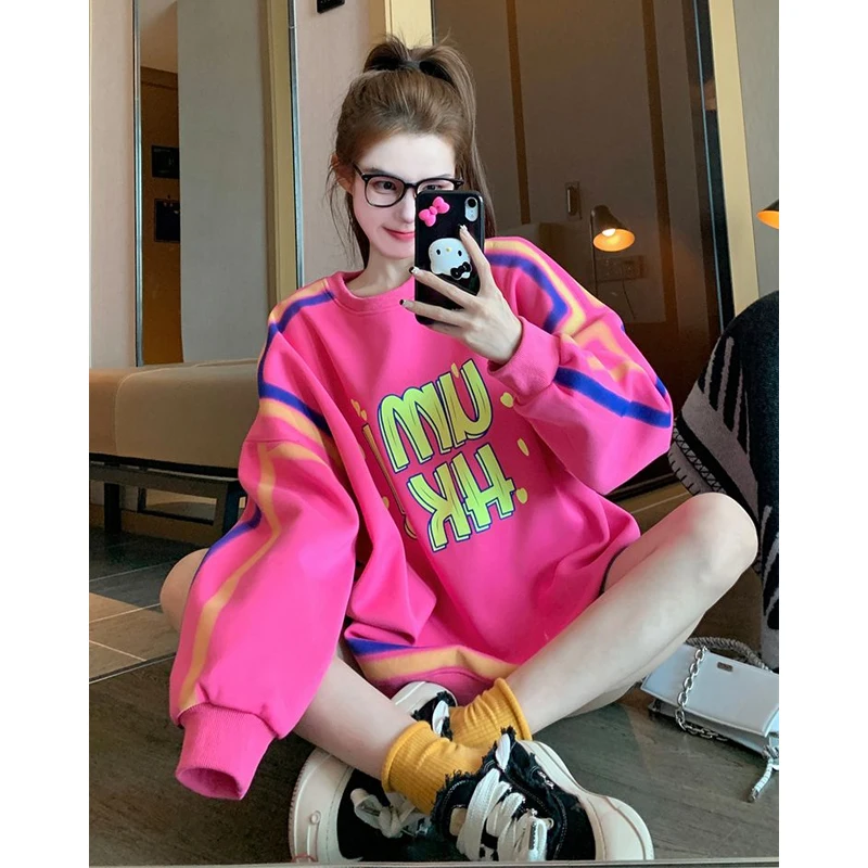 Trend Print Letter Loose Pullovers Top Autumn Winter New Long Sleeve O-neck Street Casual Hoodies Casual Fashion Women Clothing