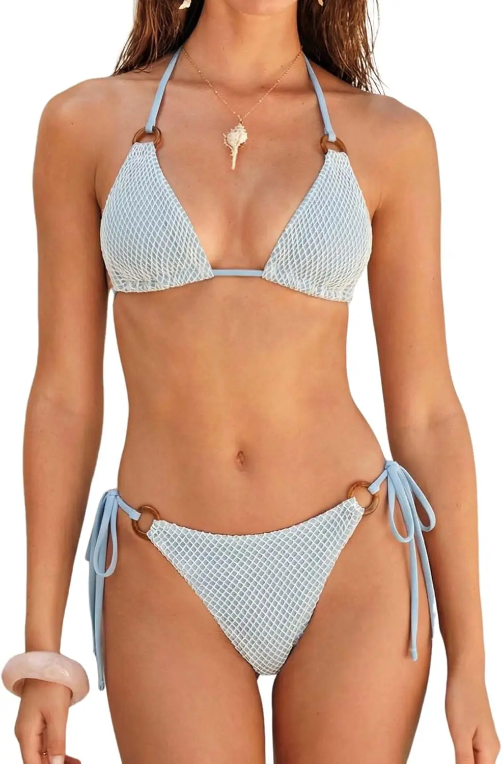 

Bikini Sets for Women Sexy Tie Side Halter String O Ring Textured Two Piece Swimwear Bathing Suit