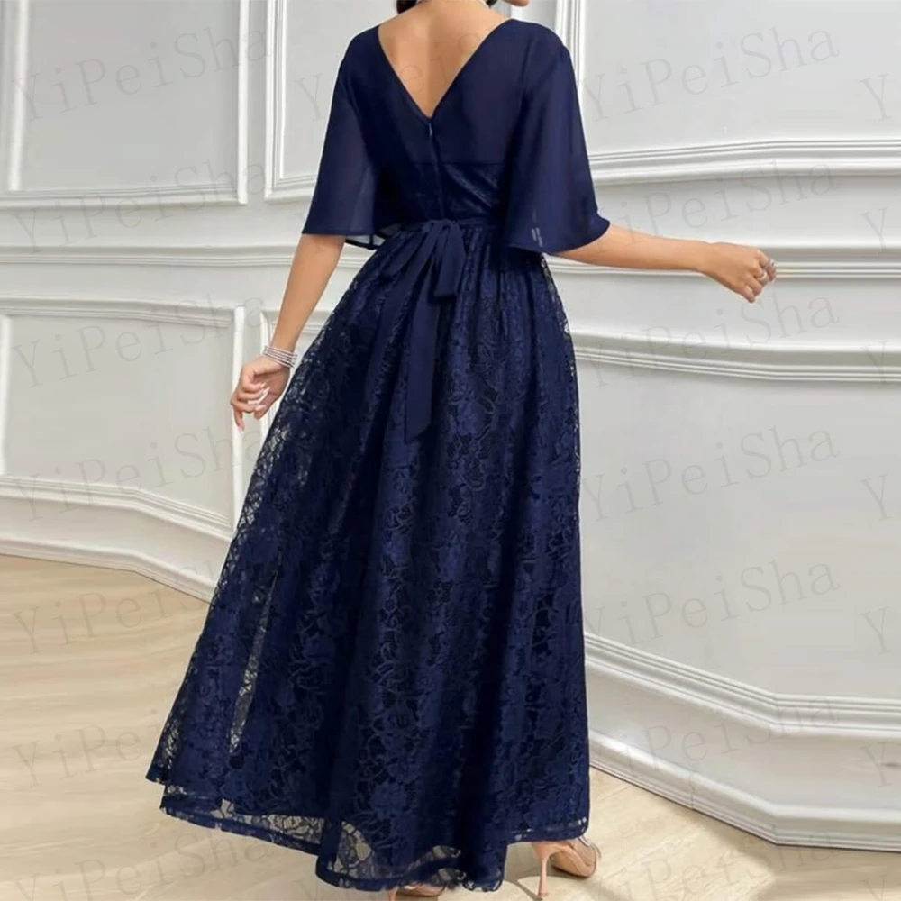 تخصيص ألف خط فساتين لحضور الحفلات الموسيقية الكاحل طول الخامس الرقبة نصف كم ثوب مسائي بسيط أزياء من الدانتل ثنيات عارية الذراعين حزب ثوب