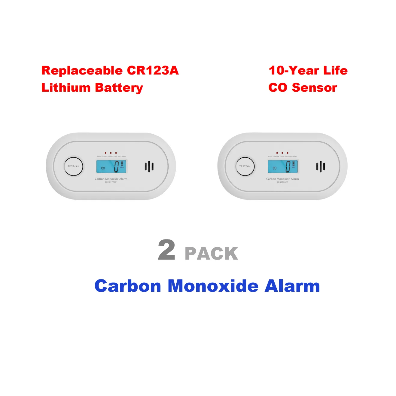 Alarma de monóxido de carbono con pantalla LCD digital, detector de monóxido de carbono con batería CR123A reemplazable, CE, VC22R, paquete de 2