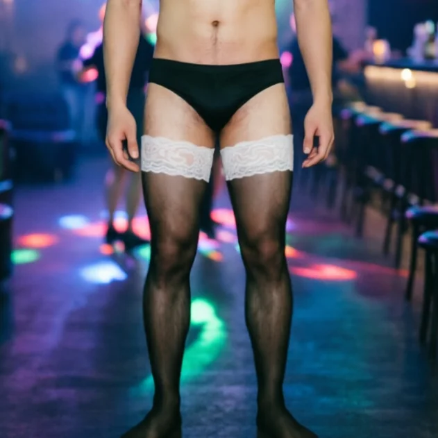 Men's Socks in Contrasting Color White Red Lace Silky Mesh Black Hosiery Trend Sissy Male Underwear Guy Fetish Stockings