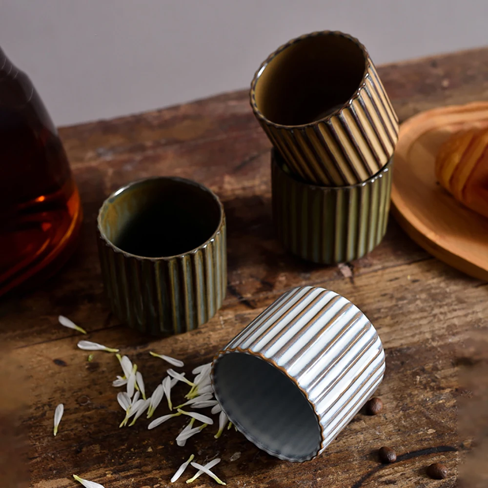 Vertical Striped Ceramic Exquisite Teacup 180ml Small Sake Sushi Sake Coffee Mug Family Restaurant Dinnerware Wholesale Cups