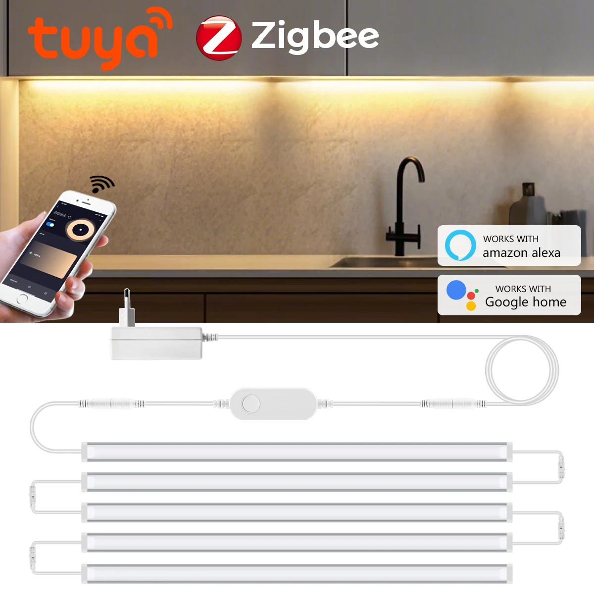 Zigbee 1–5 Stück LED-Schranklichtleisten-Set, 30–50 cm, dimmbar, für Küche, Bar, Theke, Schrank,