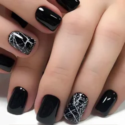 24pcs/box Short Square False Nails French Black White Crack Fake Design Nails Full Cover Press on Nails Full Cover Nail Tips