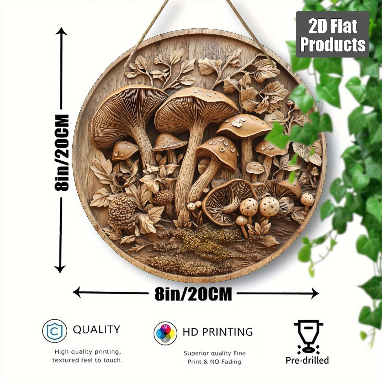 2D Flat, 1pc 8x8 Inch Rustic Mushroom Wall Art Decor - 2D Flat Printed Recycled Wood Round Plaque with Forest Fungi Design, Natu