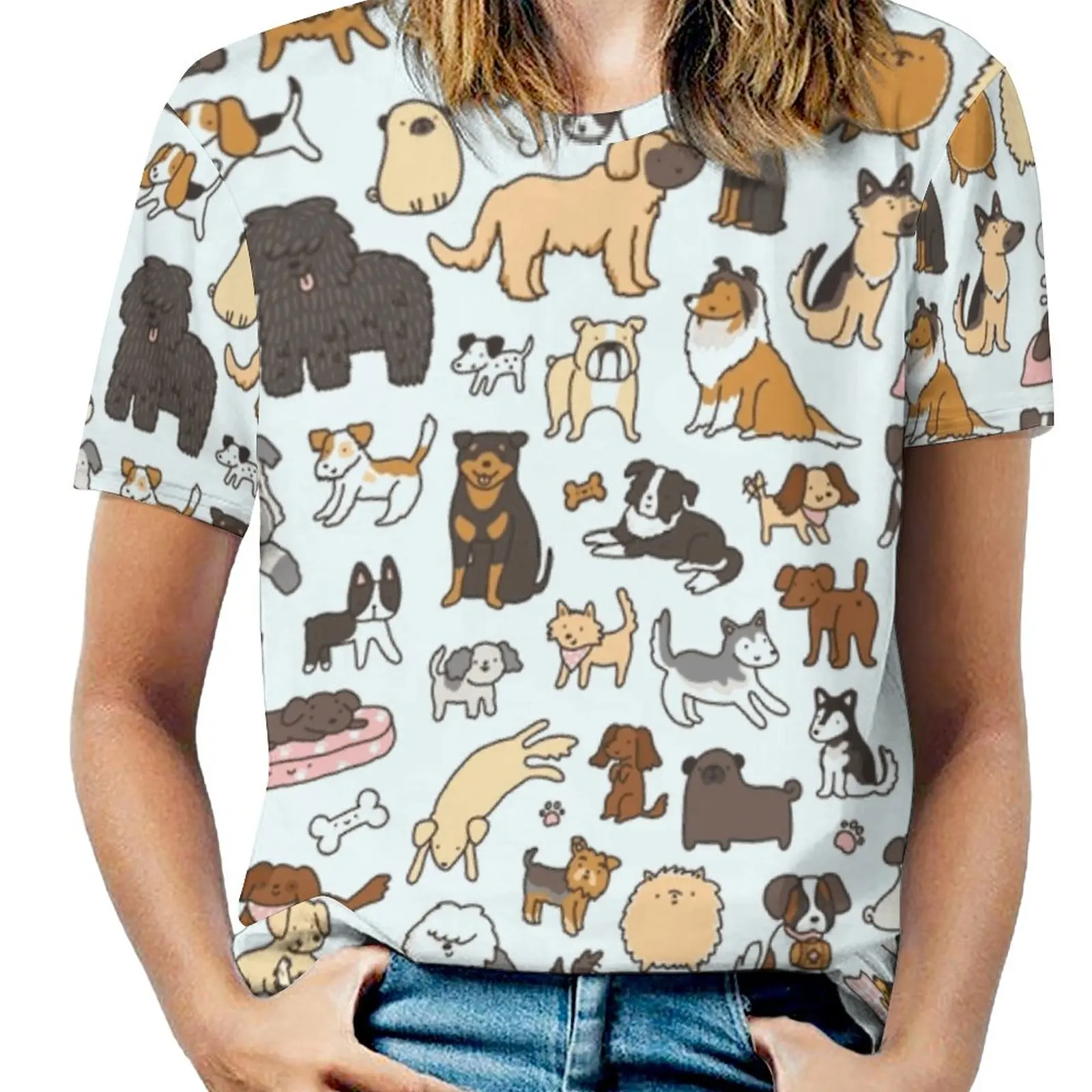 Doggy Doodle Woman'S T-Shirt Spring And Summer Printed T Shirts Crew Neck Pullover Top Kawaii Cute Dog Dogs Cute Animals Pugs