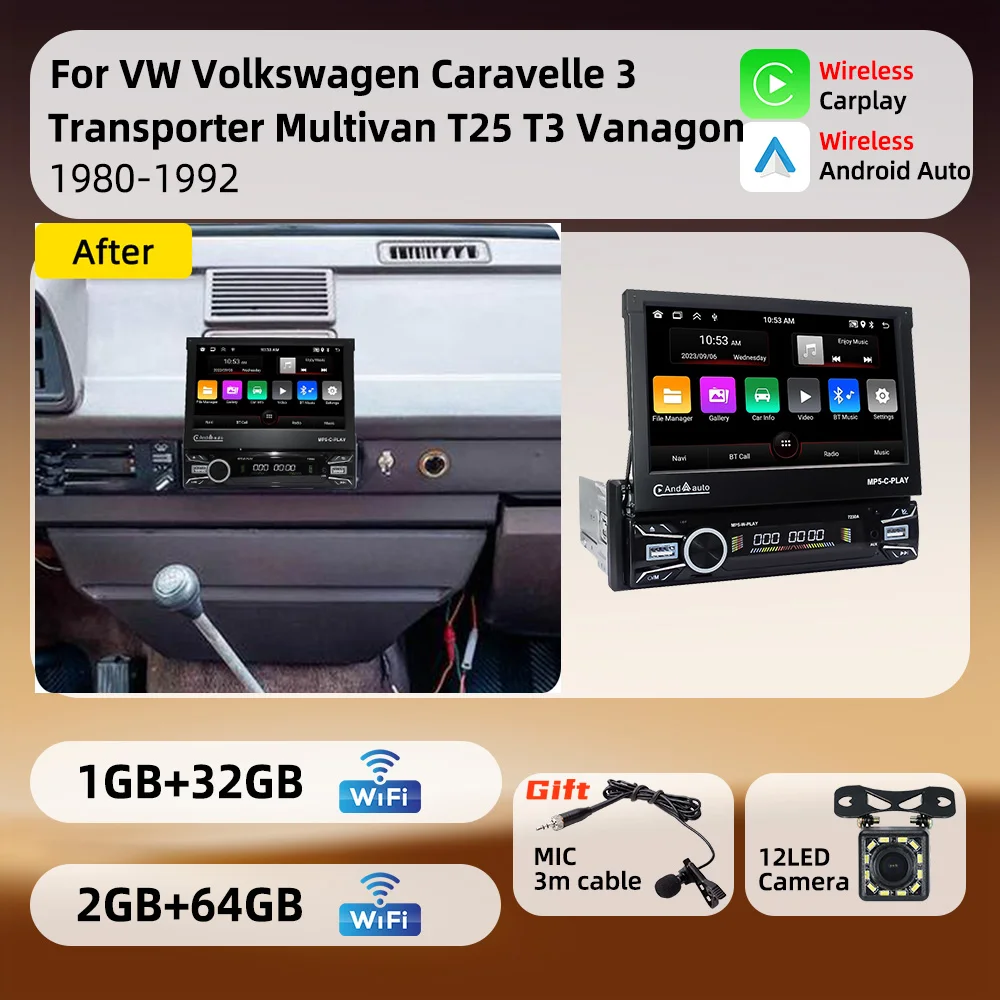 For VW Volkswagen Caravelle 3 Transporter Multivan T25 T3 Vanagon 1980-1992 Android 1Din 7