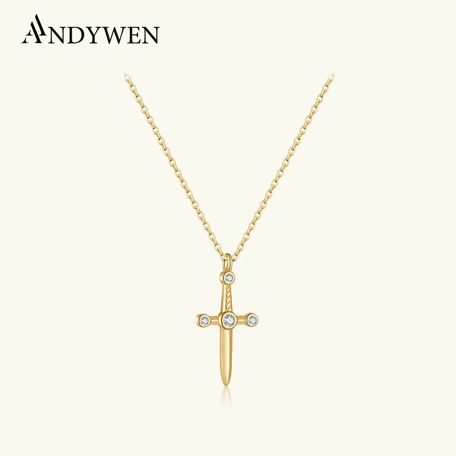 ANDYWEN Nowy 925 Sterling Silver Gold Sword Mały wisiorek Długi naszyjnik z łańcuszkiem Zwykły 2021 Ślub Rock Punk Cienka biżuteria Prezent