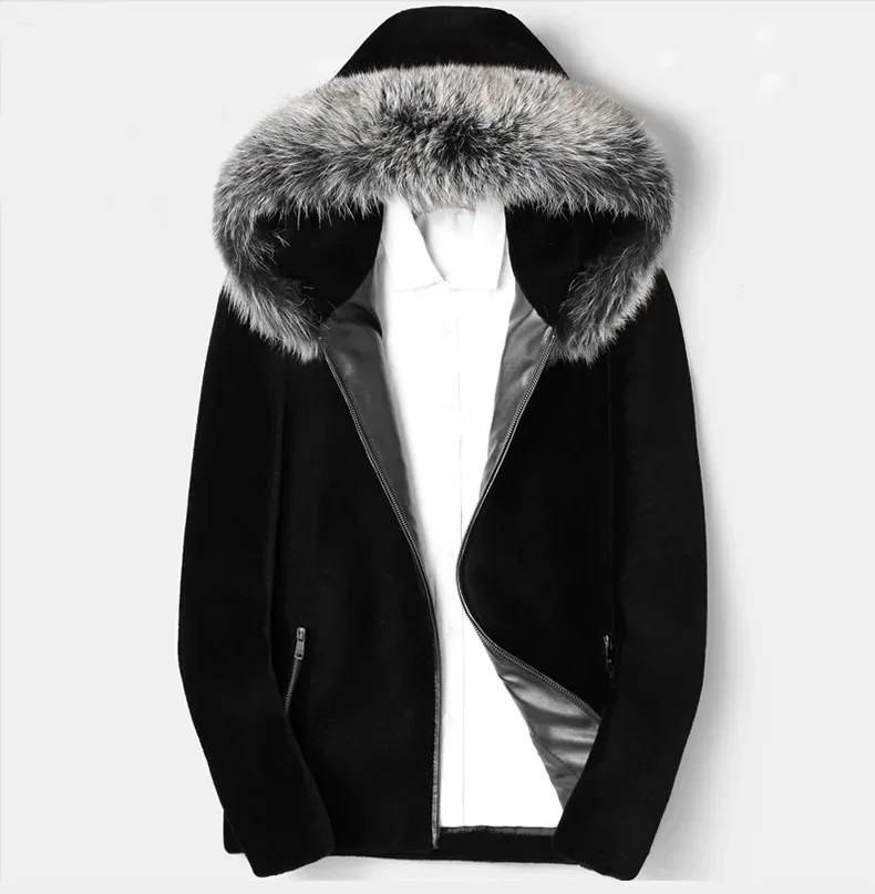 

Autumn Winter Fur Coat Men Long Sleeve Hooded Warm Plush Furry Coat Male Fox Fur Collar Oversized Zip Up Jacket Boys Outerwear