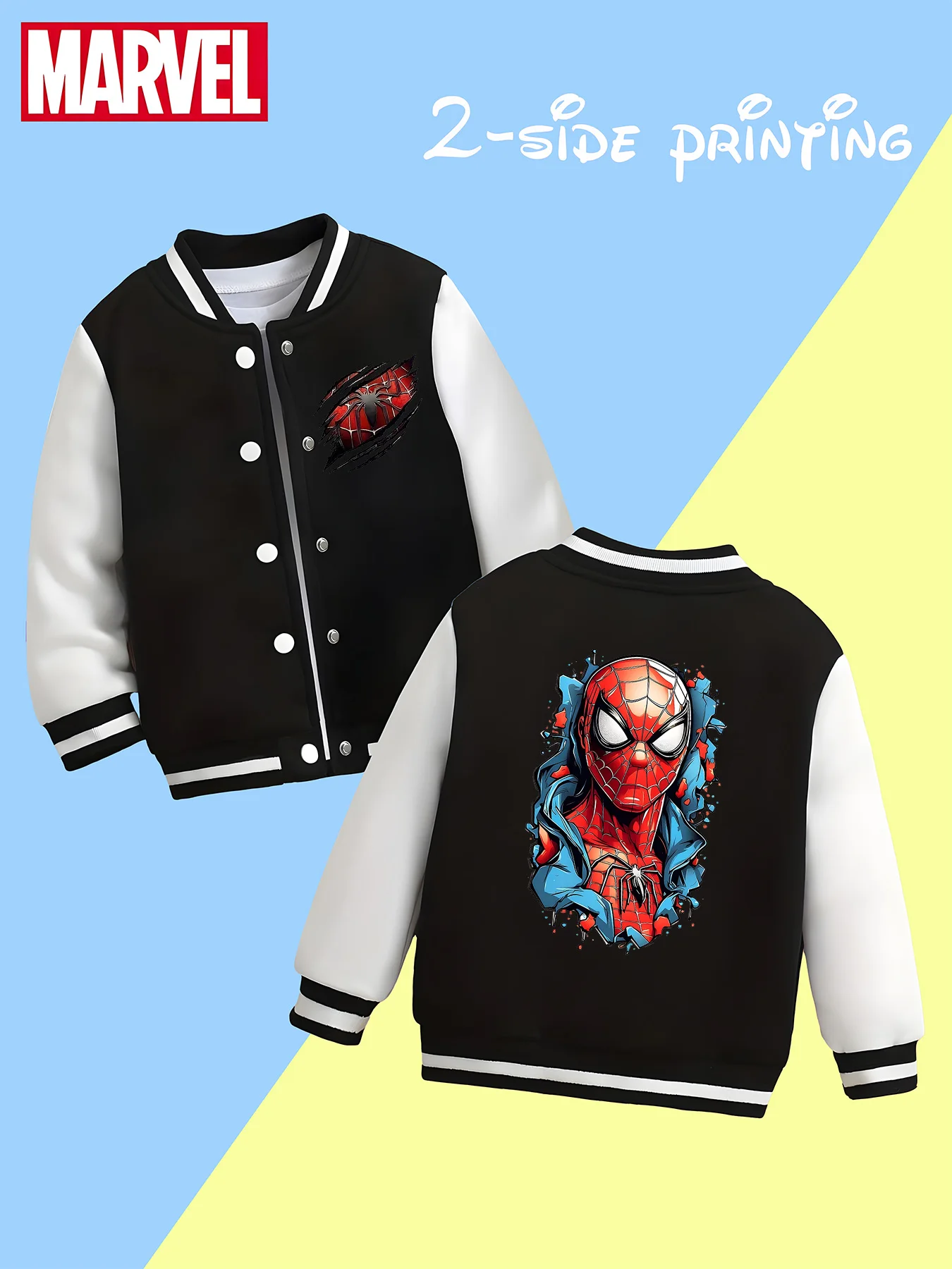 

MINISO Stylish Marvel Spider-Man Boys Baseball Jacket - Double-sided print shows heroic style, black and white comfortable fabri