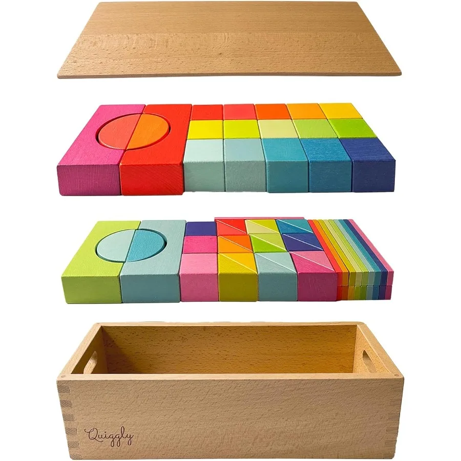 

Montessori Wooden Rainbow Building Blocks Set | 68-Piece Educational STEM Toy for Toddlers | Includes Storage Box with Carry Han