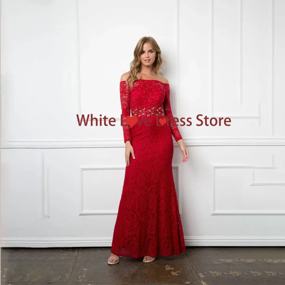 

Customized Off The Shoulder Long Sleeve Mother of The Bride Dress Red A-line Ankle Length Mother Dresses Formal Occasion Gown
