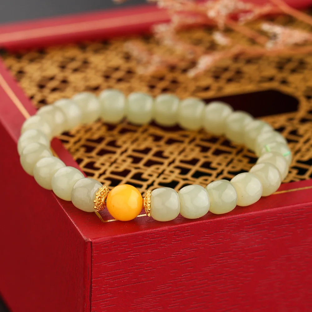 Soft and Natural with Fingers Hetian Jade Hand String Stone Girl Plain Circle Light Sunshine Honey Wax Beads Ethnic Style Bracel