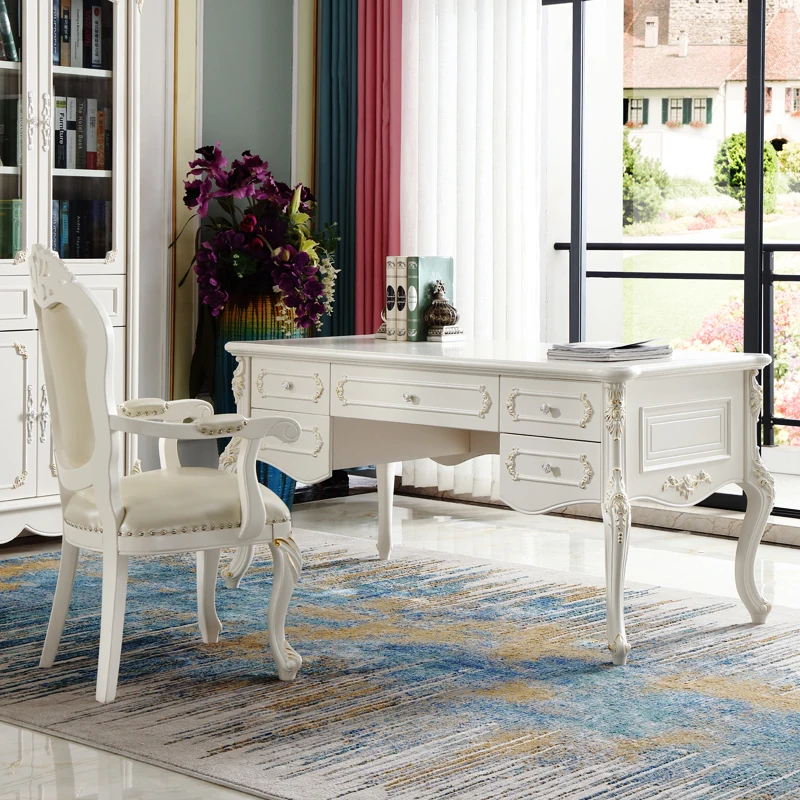 European-style desk luxury computer desk high-end bedroom writing table solid wood ivory white table study furniture