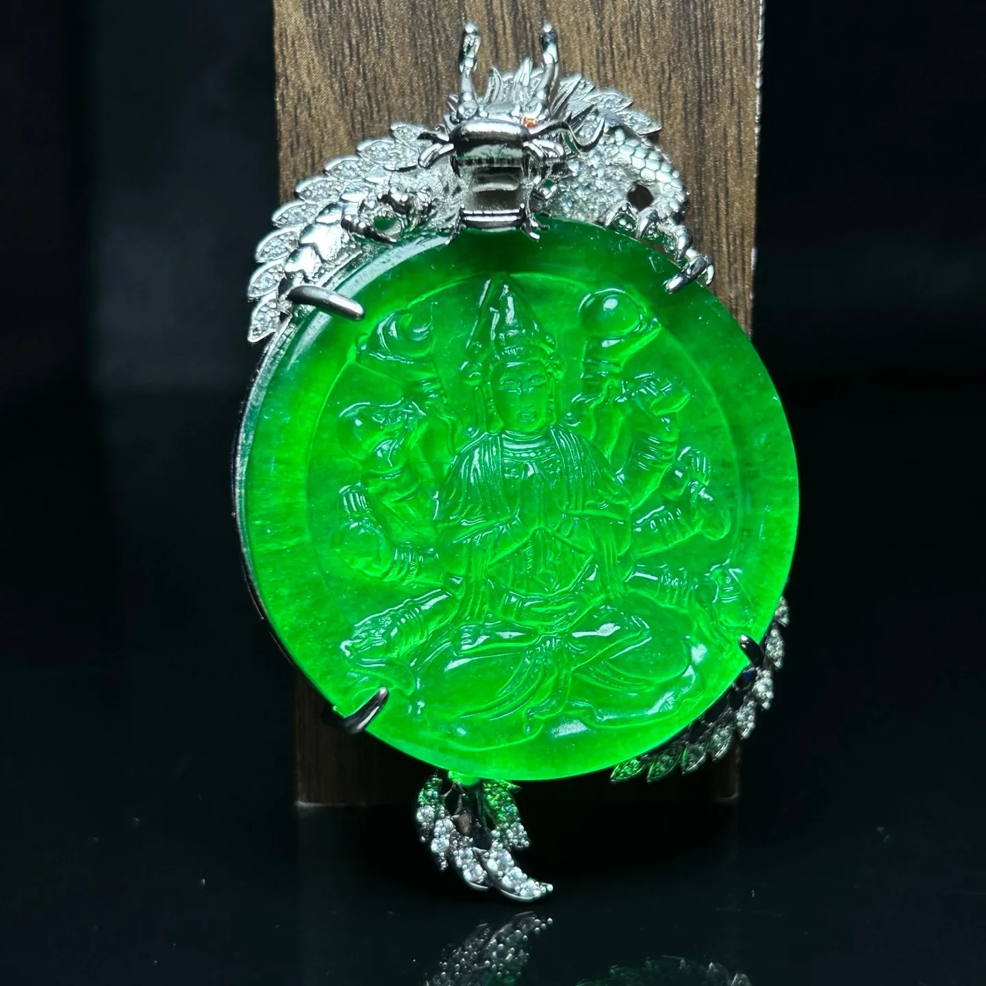Real Natural High Ice Green Burme Jade Jadeite amulet Kwan-Yin Pendant&Necklace