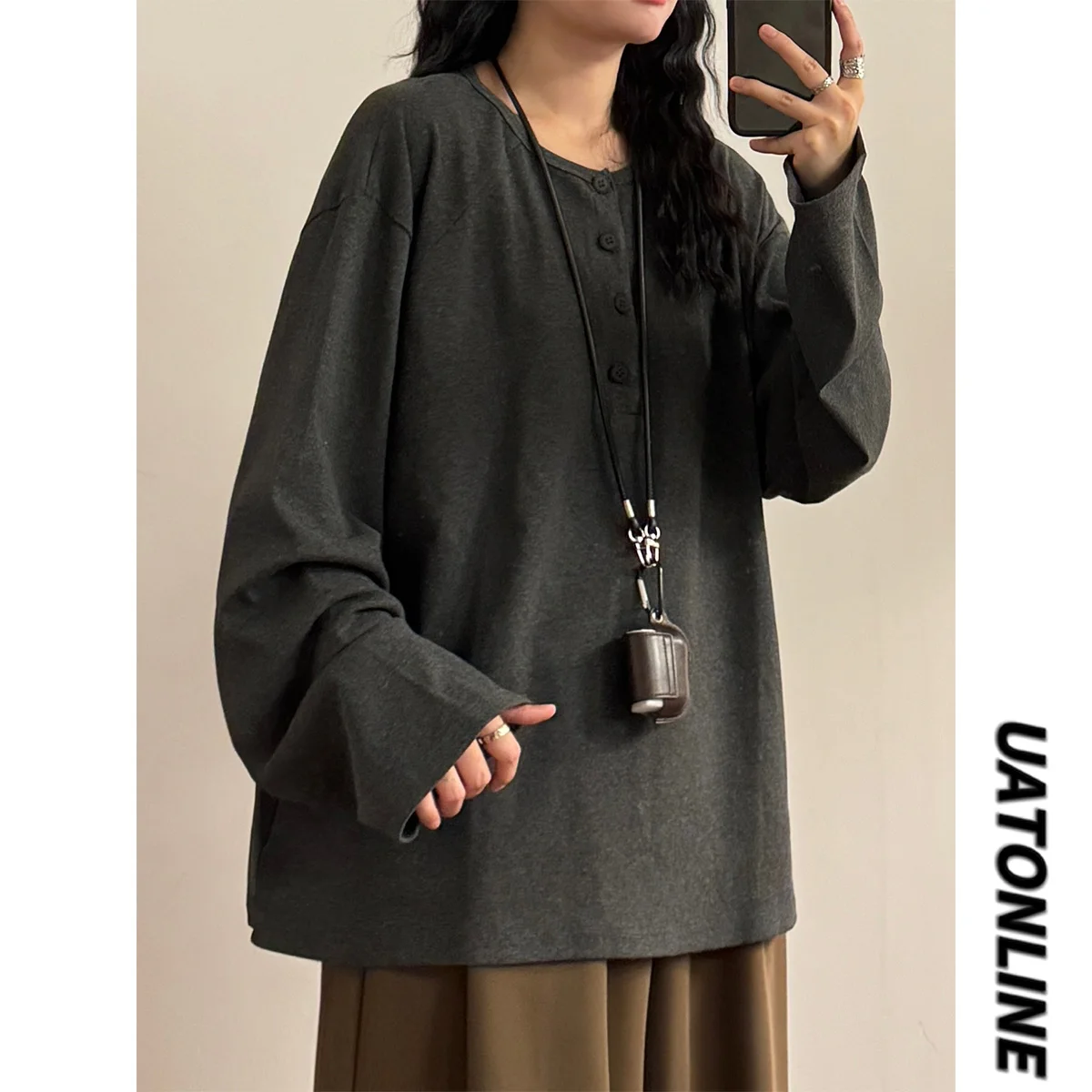 

UATONLINE Осенняя повседневная свободная футболка с длинными рукавами и пуговицами, классический крой, уличный стиль, топ для мужчин и женщин